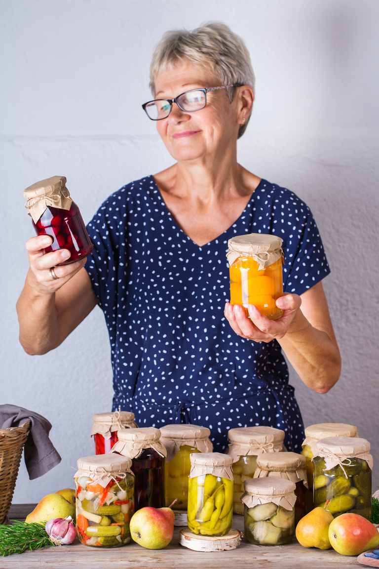 Homemade preserved, fermented food, pickled, marinated vegetables, fruit compote